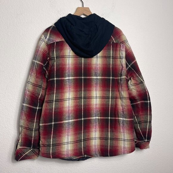 Legendary Outfitters Plaid Shacket Large Red/Brown Hooded Snap Front Drawstring - Picture 12 of 13